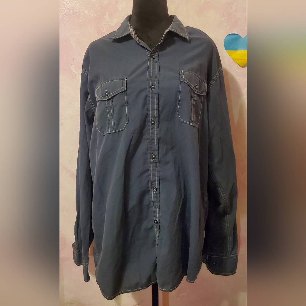 Michael Brandon Navy Shirt with Striped Collar